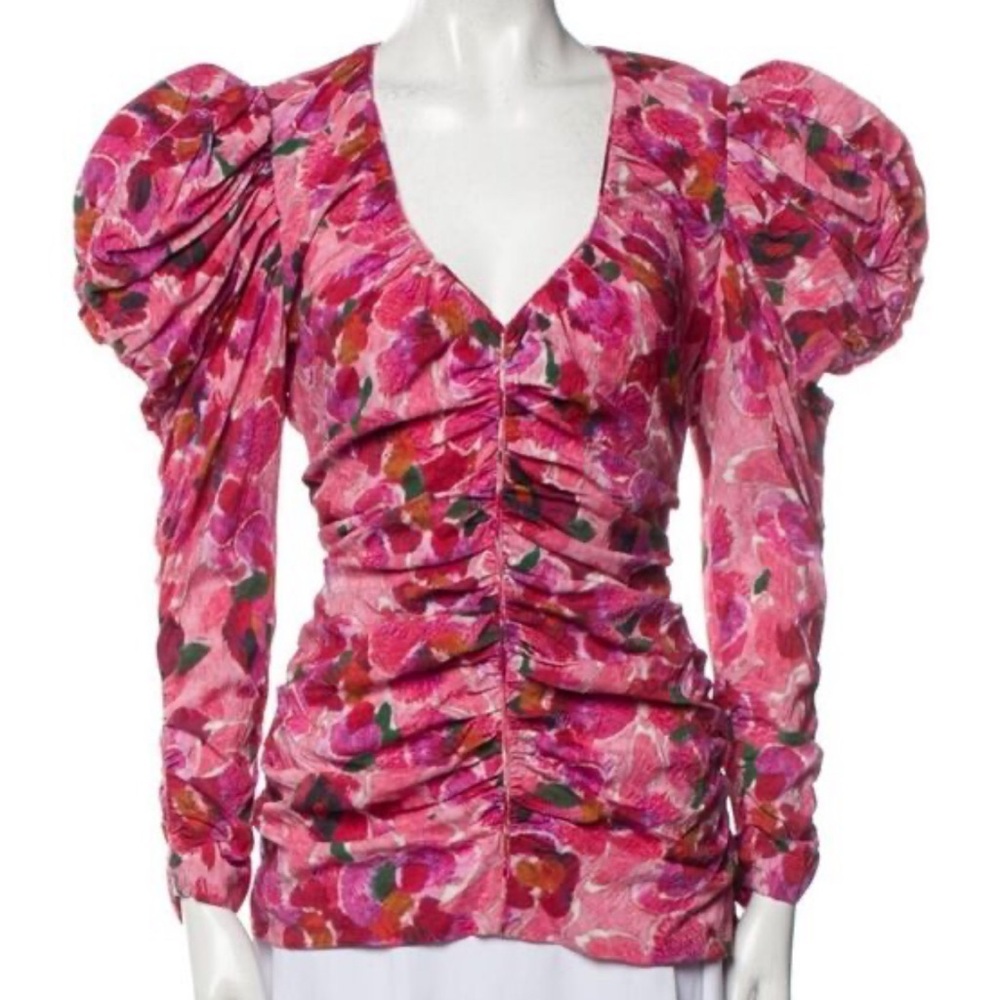 Isabel Marant Pink Floral Ruched Puff-Sleeve Blouse